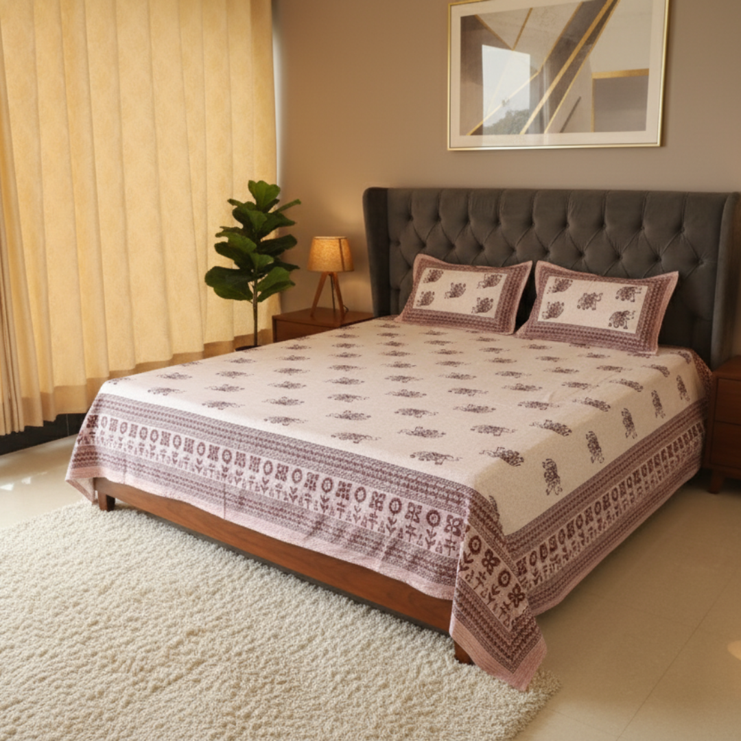 Soot Studio Gaja Hues Hand block Print Cotton Bedsheet with 2 Pillow Covers 210 TC Size 108x108