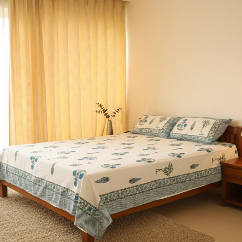 Soot Studio Blue Meadow Hand block Print Cotton Bedsheet with 2 Pillow Covers 210 TC Size 90x108