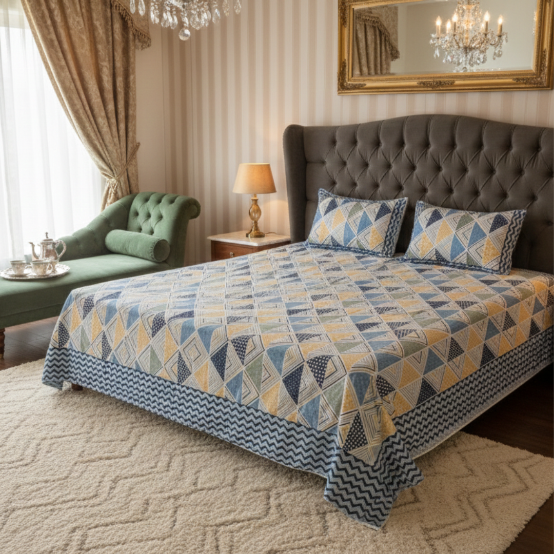 Soot Studio Navrang Angles Hand block Print Cotton Bedsheet with 2 Pillow Covers 210 TC Size 100x108