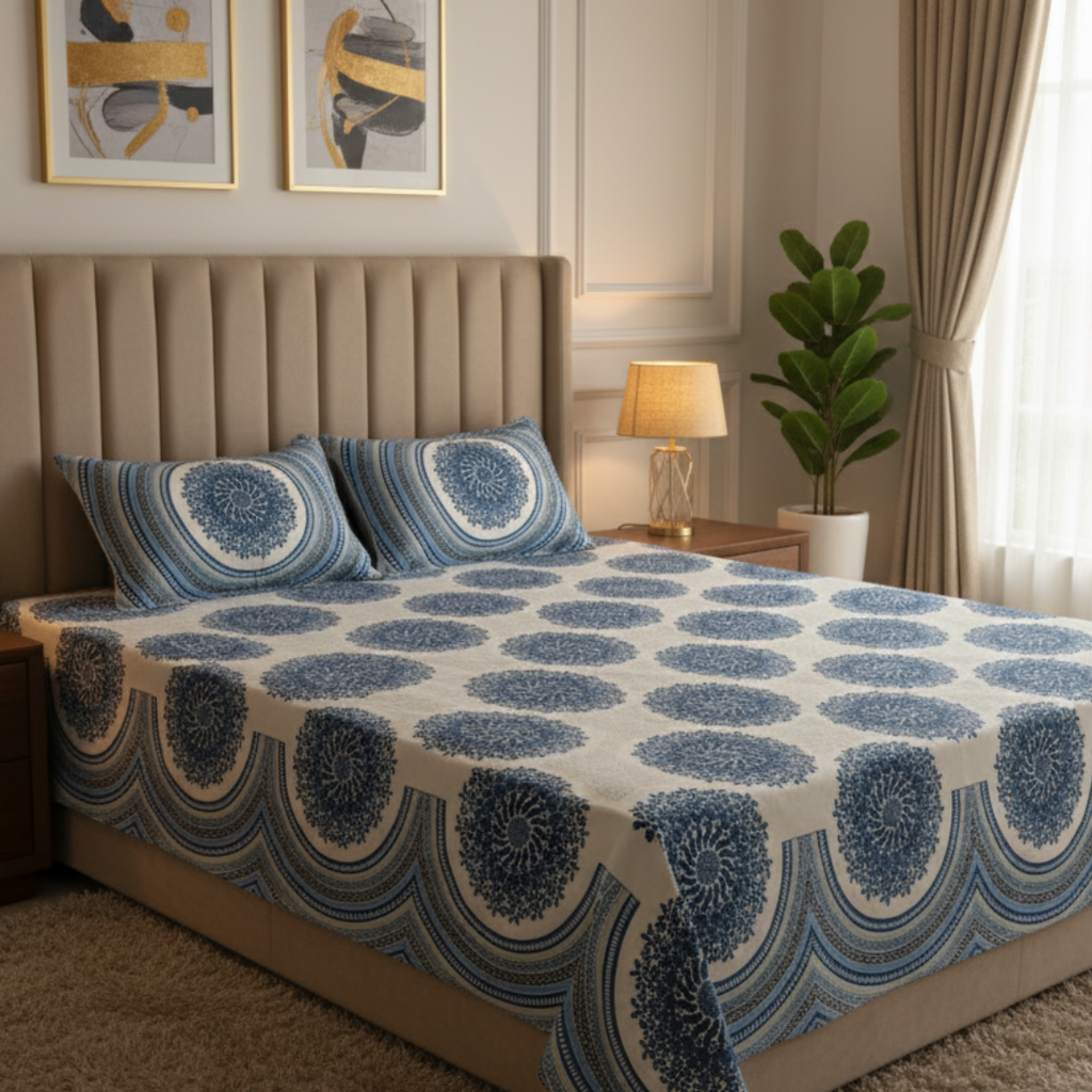 Soot Studio Floral Mandala Hand block Print Cotton Bedsheet with 2 Pillow Covers 210 TC Size 100x108