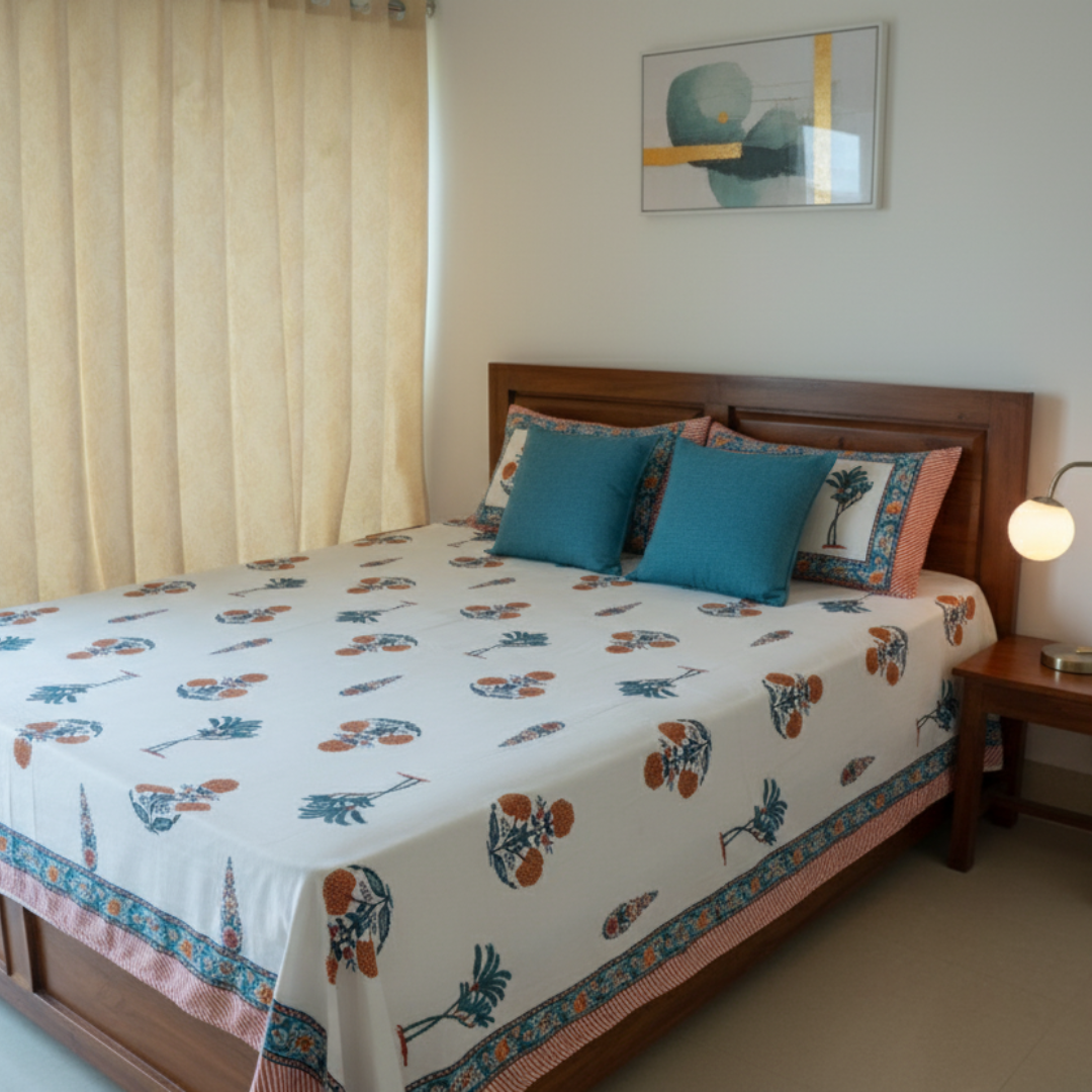 Soot Studio Orange Meadow Hand block Print Cotton Bedsheet with 2 Pillow Covers 210 TC Size 90x108