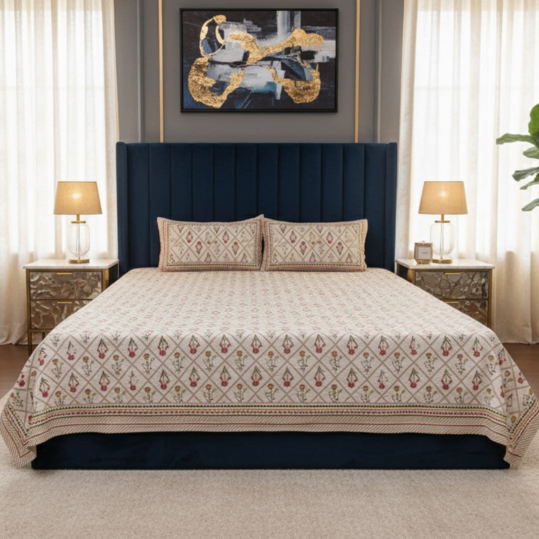 Soot Studio Pettal Lattice Hand block Print Cotton Bedsheet with 2 Pillow Covers 210 TC Size 90x108