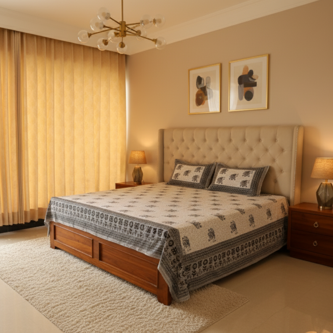 Soot Studio Gaja Hues Hand block Print Cotton Bedsheet with 2 Pillow Covers 210 TC Size 108x108