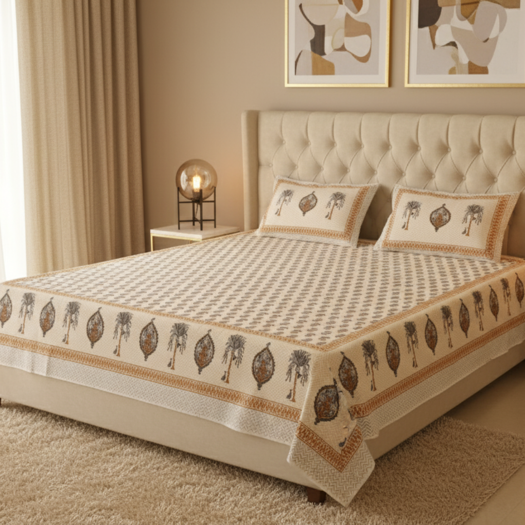 Soot Studio Floral Rhythm Handblock Print Cotton Bedsheet with 2 Pillow Covers 90x108