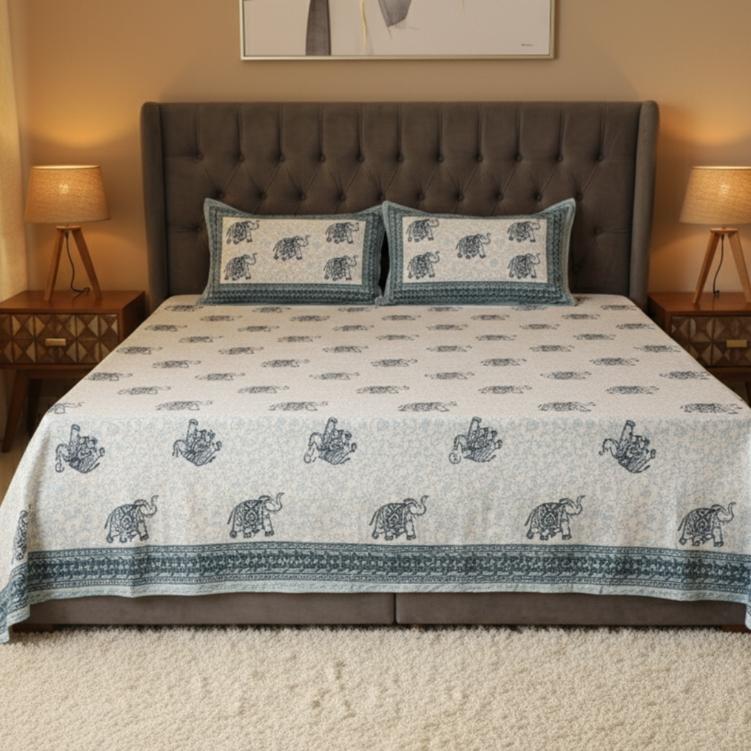 Soot Studio Gaja Hues Hand block Print Cotton Bedsheet with 2 Pillow Covers 210 TC Size 108x108