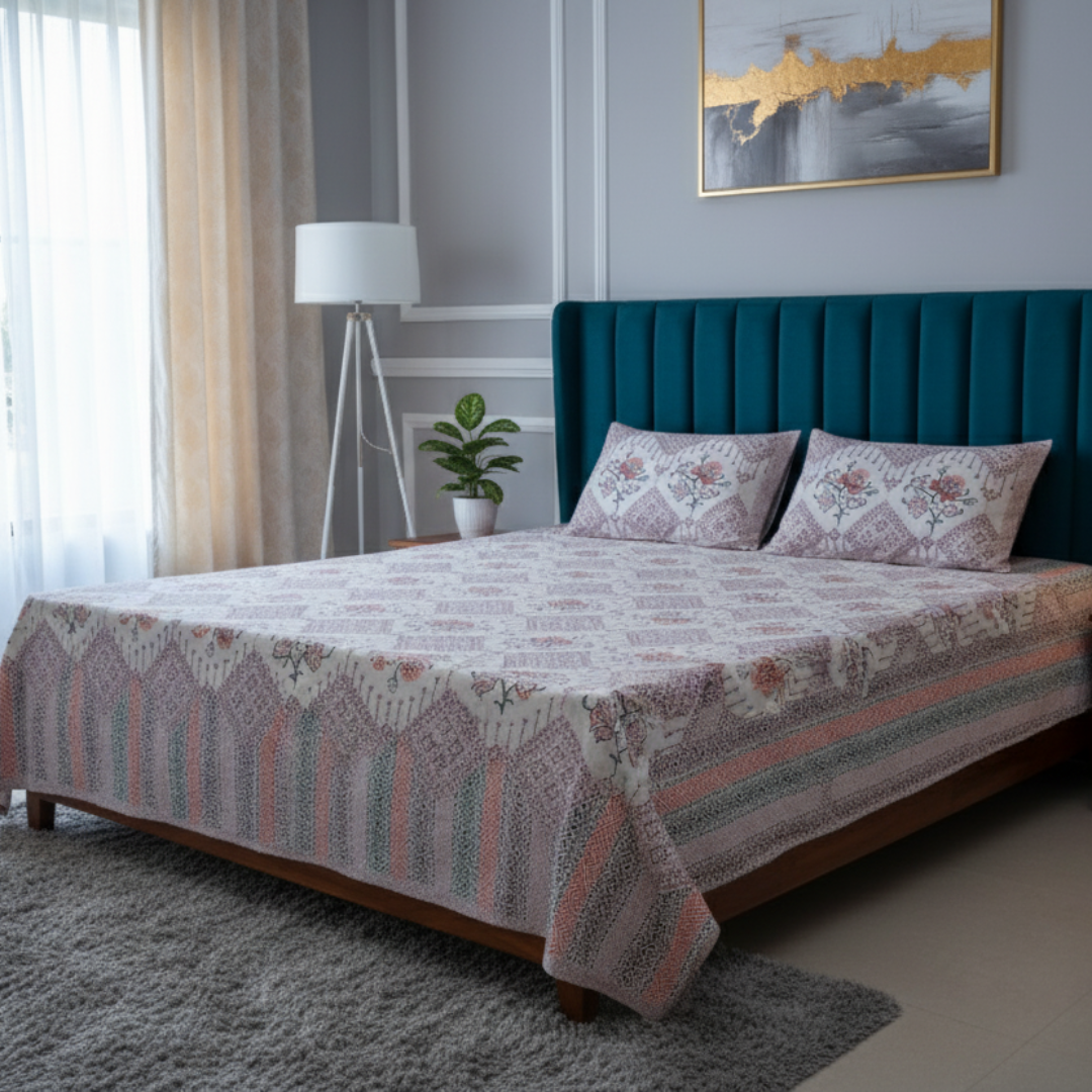 Soot Studio Mystic Motifs Hand block Print Cotton Bedsheet with 2 Pillow Covers 210 TC Size 90x108