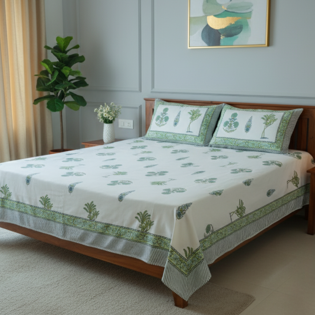 Soot Studio Green Meadow Hand block Print Cotton Bedsheet with 2 Pillow Covers 210 TC Size 90x108