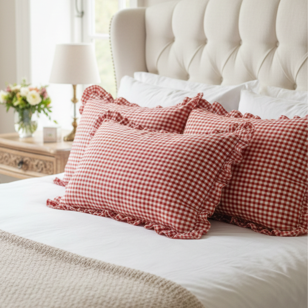 Soot Studio Cotton Blend Checked Red Pillow Covers Pack of 2, Size 27x18 inches