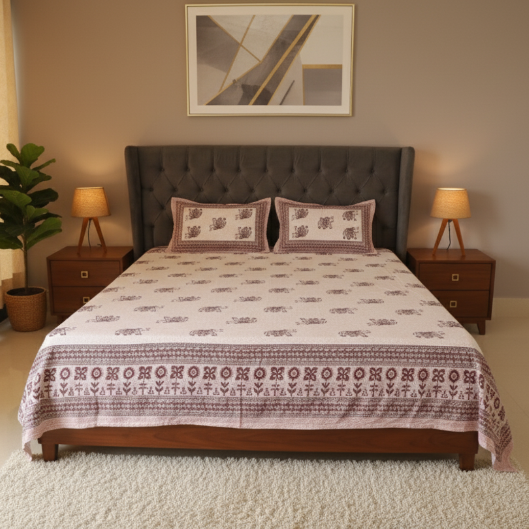 Soot Studio Gaja Hues Hand block Print Cotton Bedsheet with 2 Pillow Covers 210 TC Size 108x108