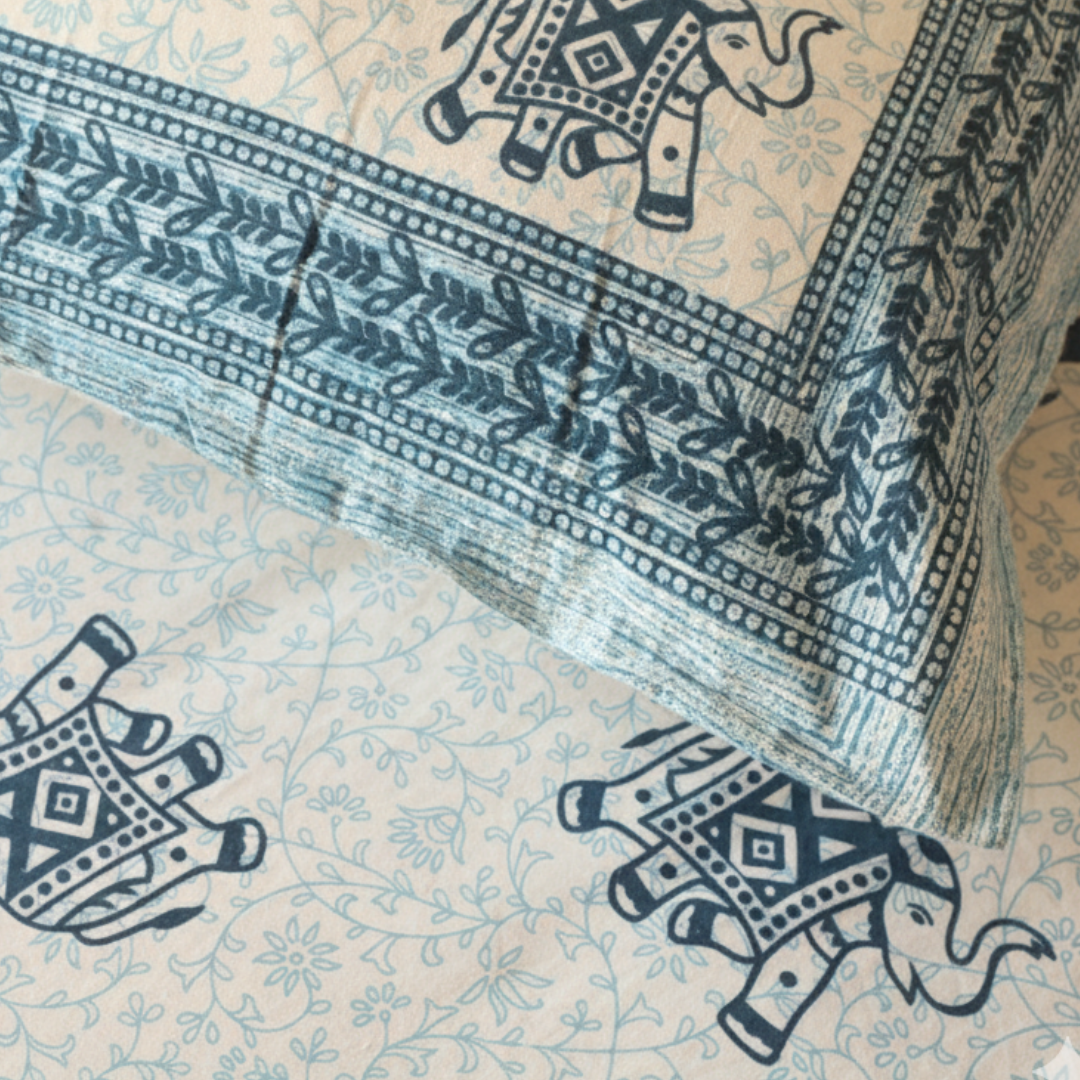 Soot Studio Gaja Hues Hand block Print Cotton Bedsheet with 2 Pillow Covers 210 TC Size 108x108