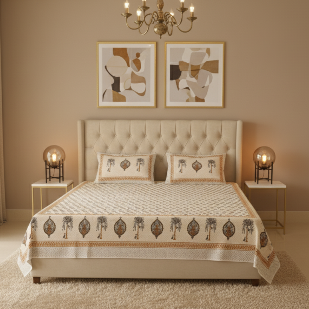 Soot Studio Floral Rhythm Handblock Print Cotton Bedsheet with 2 Pillow Covers 90x108