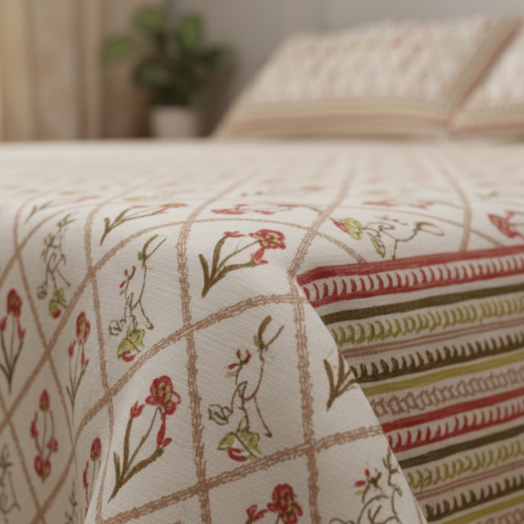 Soot Studio Pettal Lattice Hand block Print Cotton Bedsheet with 2 Pillow Covers 210 TC Size 90x108