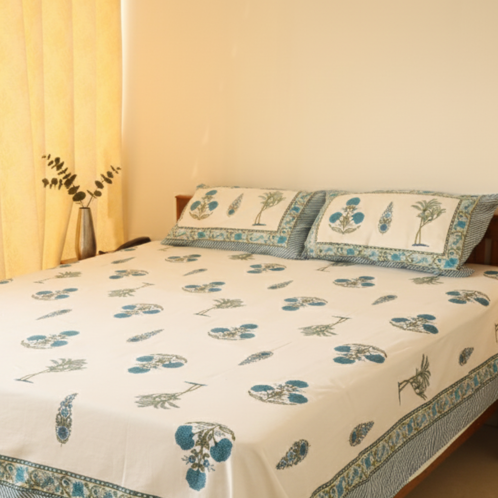 Soot Studio Blue Meadow Hand block Print Cotton Bedsheet with 2 Pillow Covers 210 TC Size 90x108