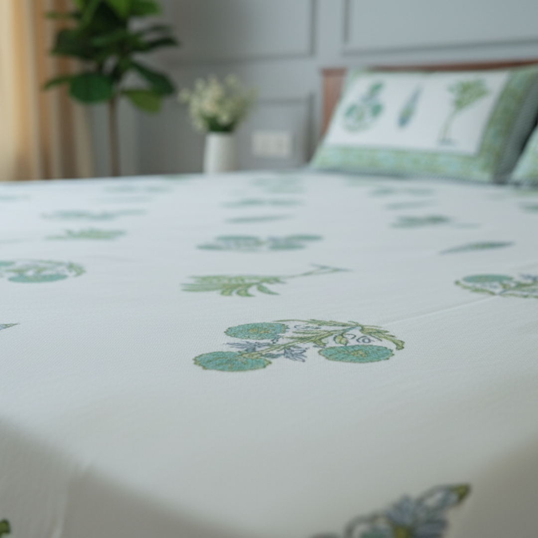 Soot Studio Green Meadow Hand block Print Cotton Bedsheet with 2 Pillow Covers 210 TC Size 90x108