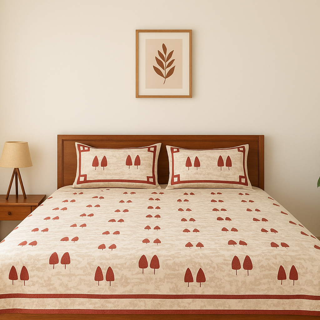 Soot Studio Char Bagh Hand block Print Cotton Bedsheet with 2 Pillow Covers 210 TC Size 100x108