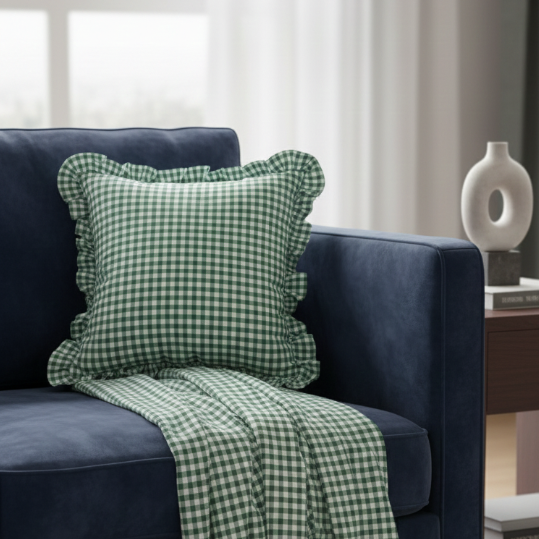 Soot Studio Cotton Blend Green Checked Cushion Covers Pack of 2, Size 16x16 inches
