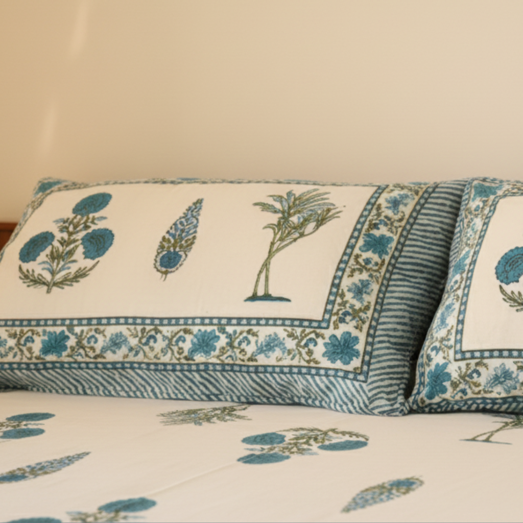 Soot Studio Blue Meadow Hand block Print Cotton Bedsheet with 2 Pillow Covers 210 TC Size 90x108