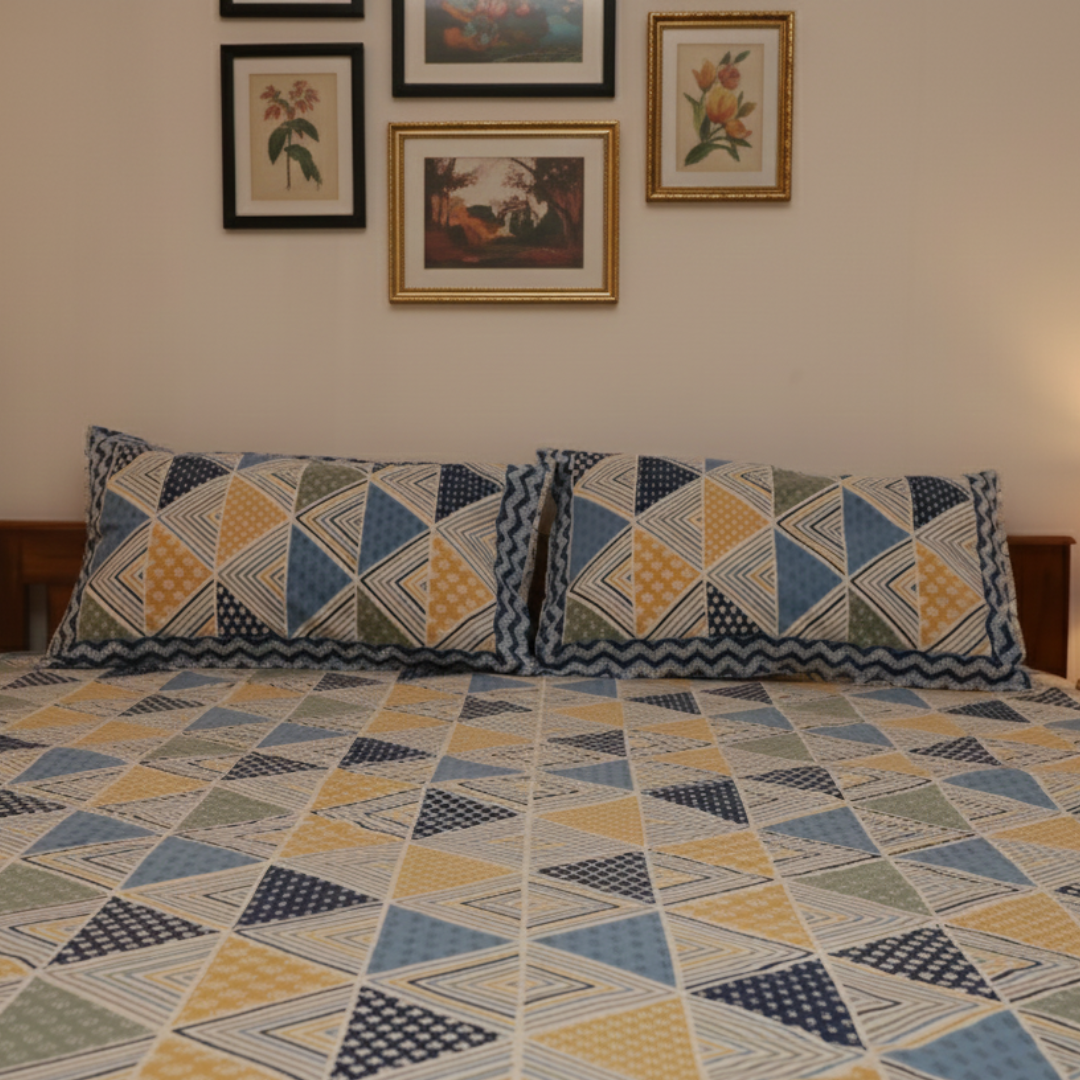 Soot Studio Navrang Angles Hand block Print Cotton Bedsheet with 2 Pillow Covers 210 TC Size 100x108