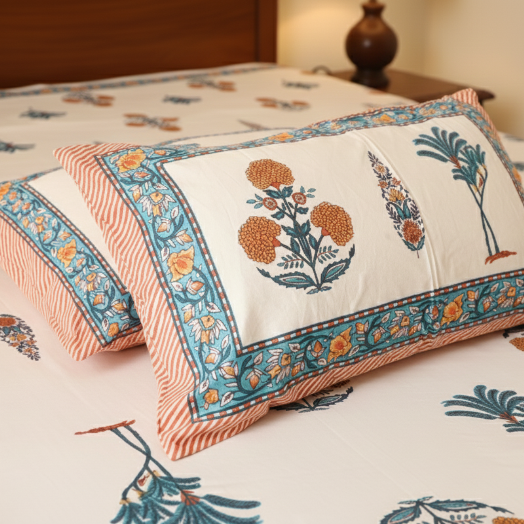 Soot Studio Orange Meadow Hand block Print Cotton Bedsheet with 2 Pillow Covers 210 TC Size 90x108