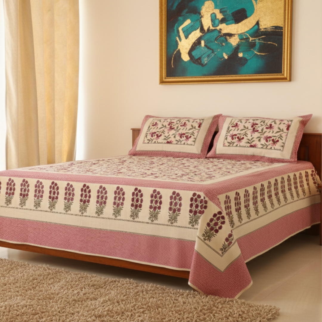 Soot Studio Gul Bahar Handblock Print Cotton Bedsheet with 2 Pillow Covers 210 TC  Size 100x108