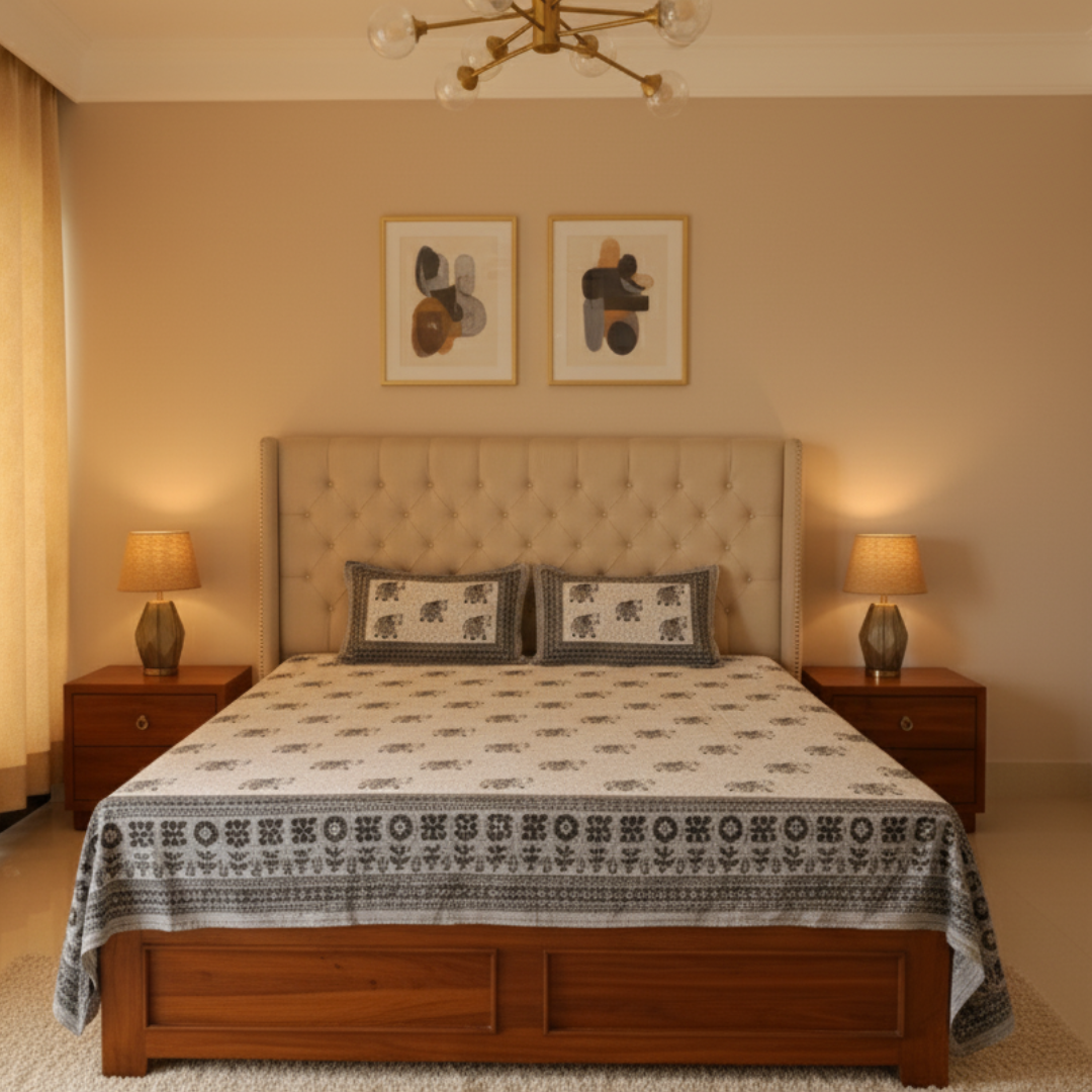 Soot Studio Gaja Hues Hand block Print Cotton Bedsheet with 2 Pillow Covers 210 TC Size 108x108