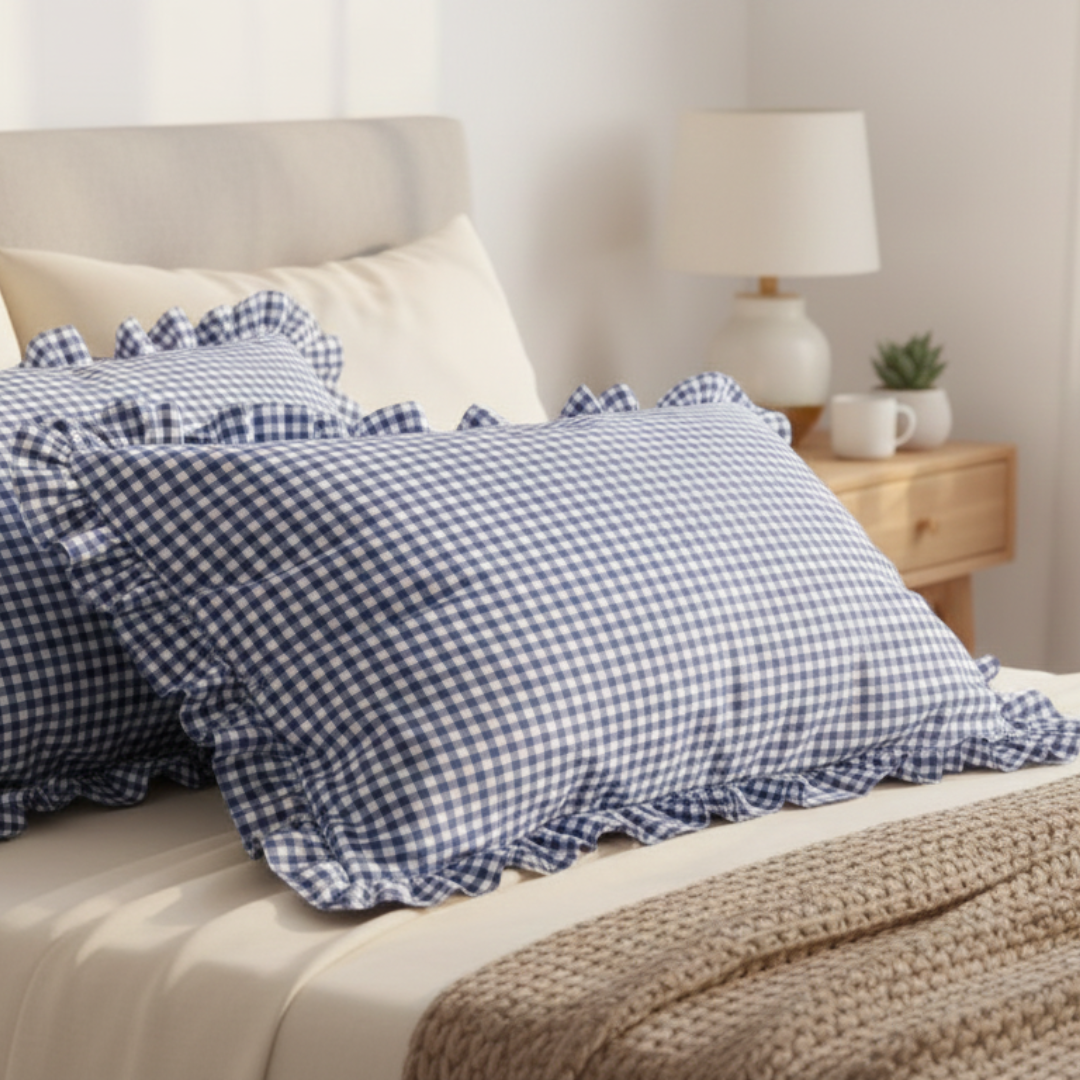 Soot Studio Cotton Blend Blue Checked Pillow Covers Pack of 2, Size 27x18 inches