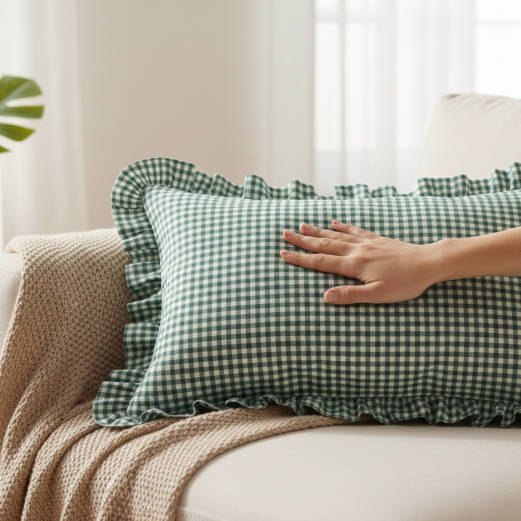 Soot Studio Cotton Blend Green Checked Pillow Covers Pack of 2, Size 27x18 inches