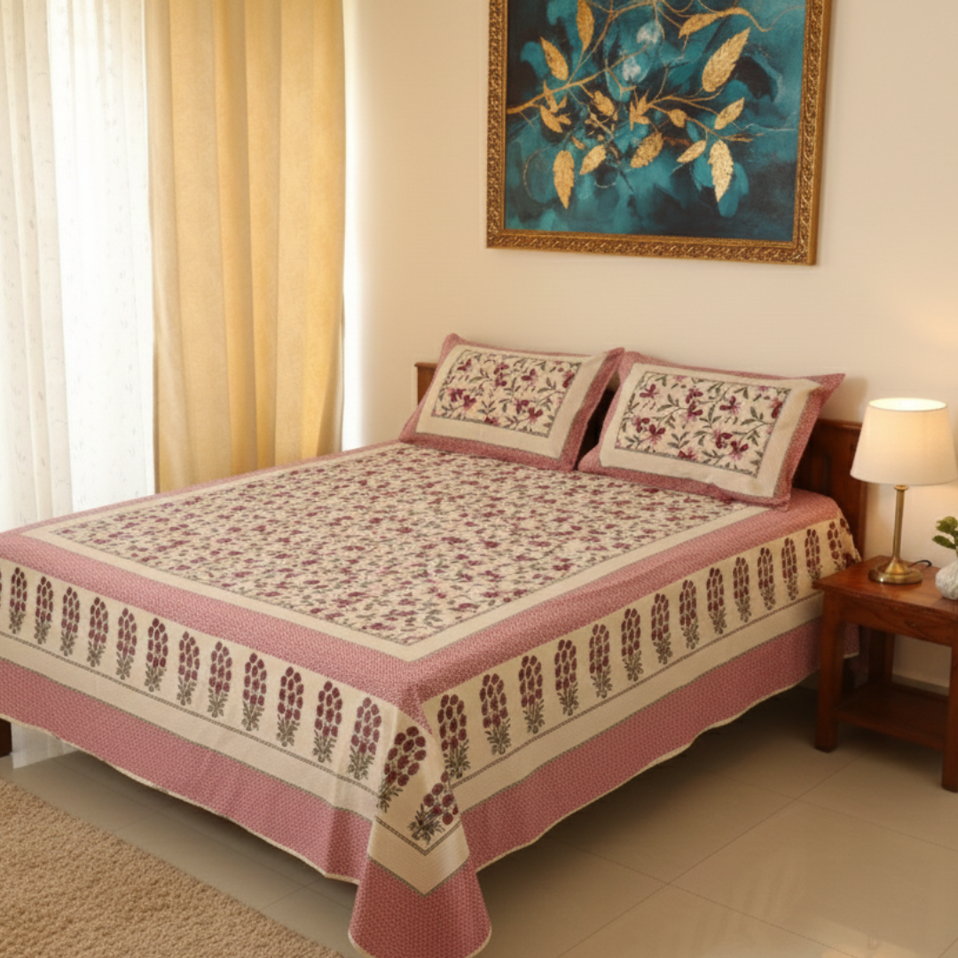 Soot Studio Gul Bahar Handblock Print Cotton Bedsheet with 2 Pillow Covers 210 TC  Size 100x108