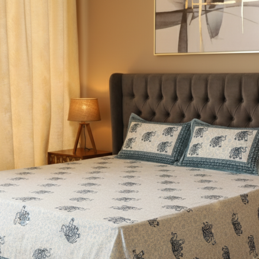 Soot Studio Gaja Hues Hand block Print Cotton Bedsheet with 2 Pillow Covers 210 TC Size 108x108