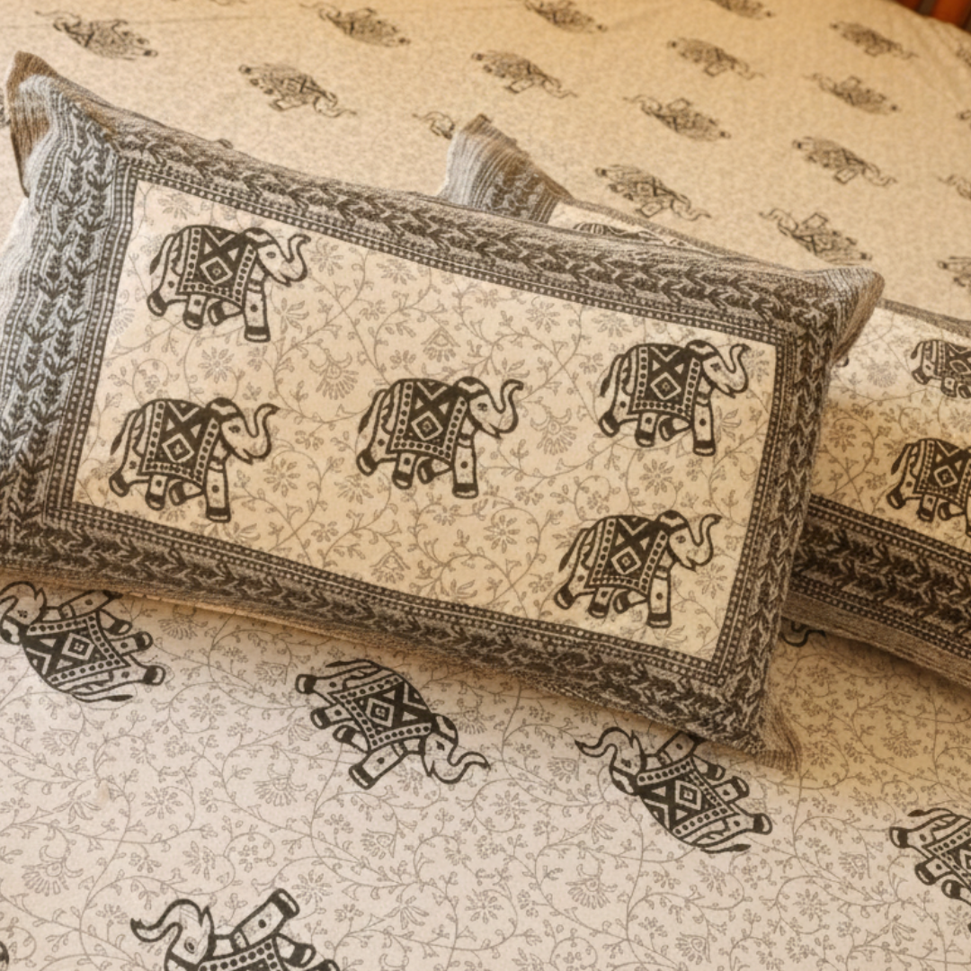 Soot Studio Gaja Hues Hand block Print Cotton Bedsheet with 2 Pillow Covers 210 TC Size 108x108