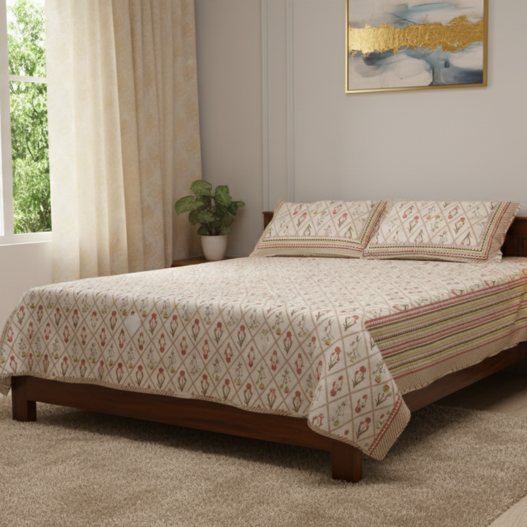 Soot Studio Pettal Lattice Hand block Print Cotton Bedsheet with 2 Pillow Covers 210 TC Size 90x108