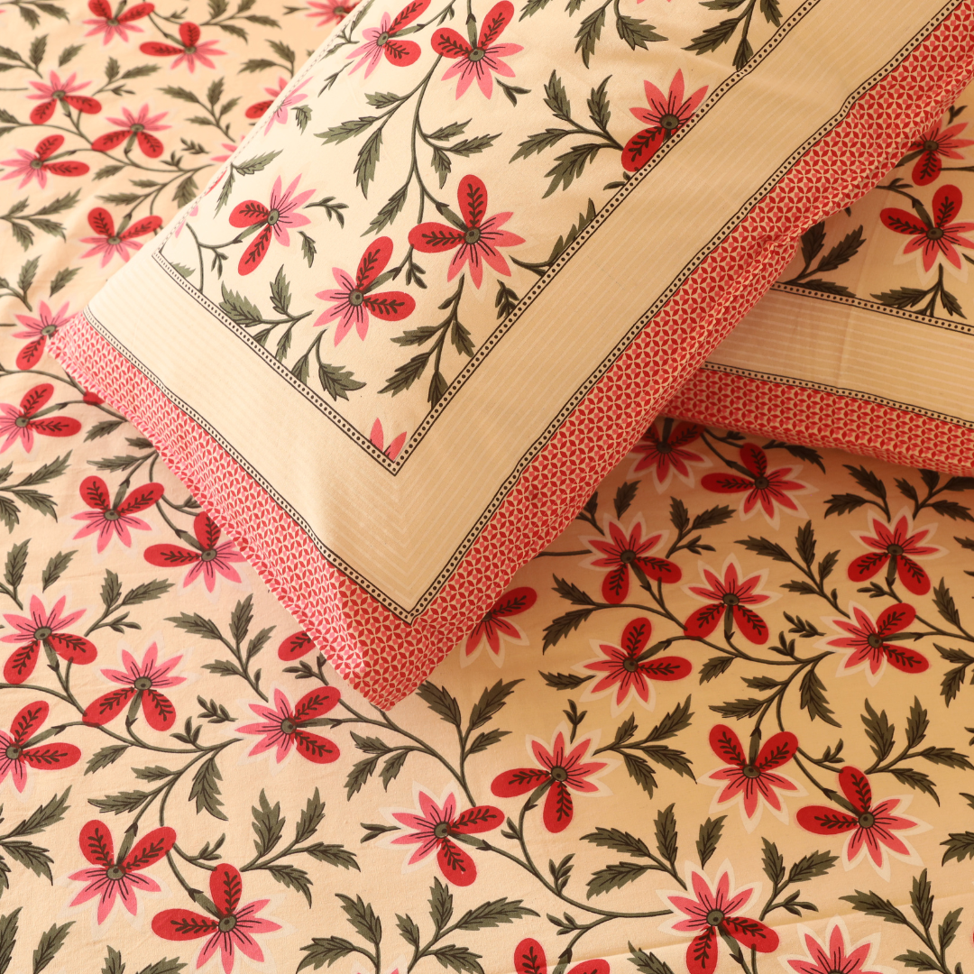 Soot Studio Gul Bahar Handblock Print Cotton Bedsheet with 2 Pillow Covers 210 TC Size 100x108