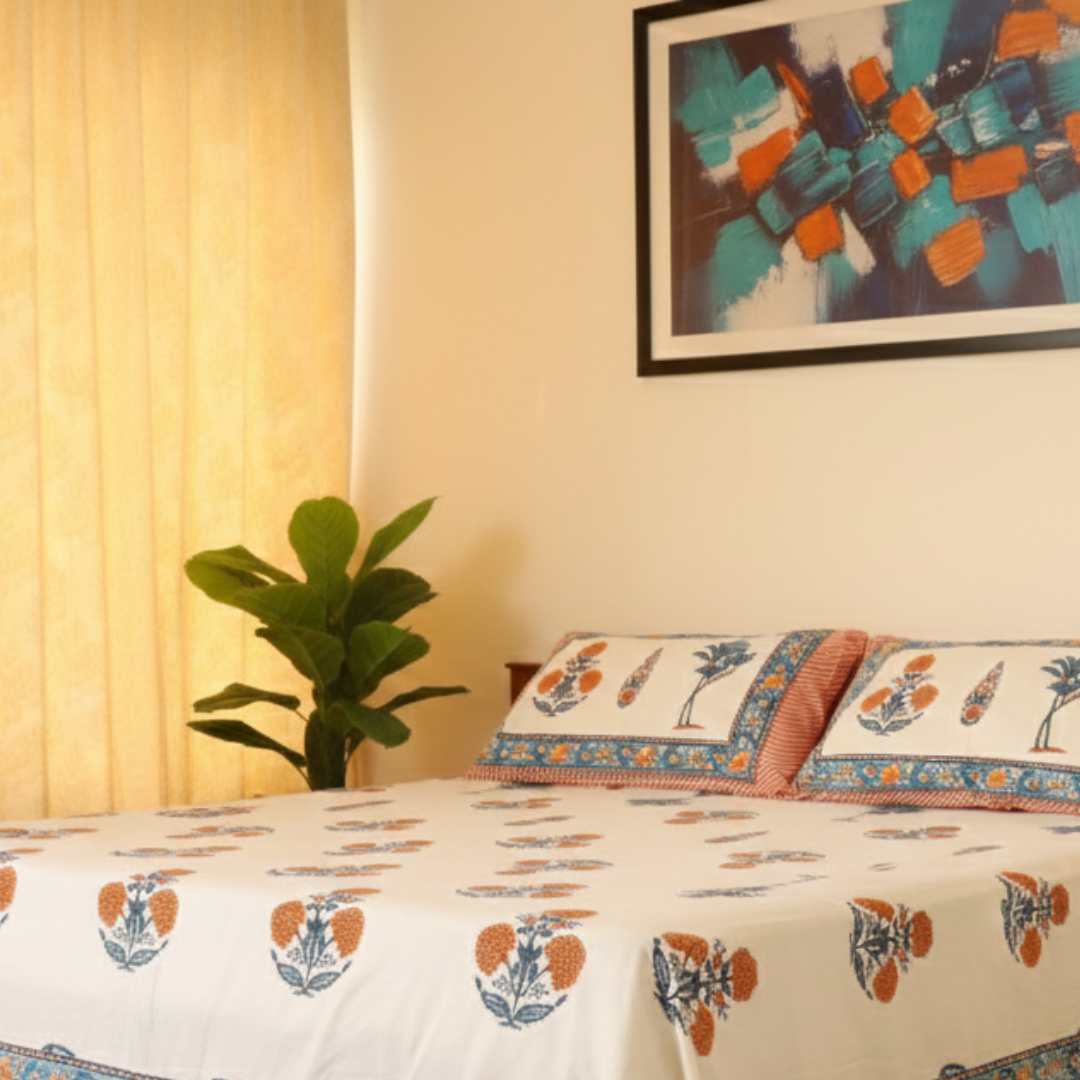 Soot Studio Orange Meadow Hand block Print Cotton Bedsheet with 2 Pillow Covers 210 TC Size 90x108