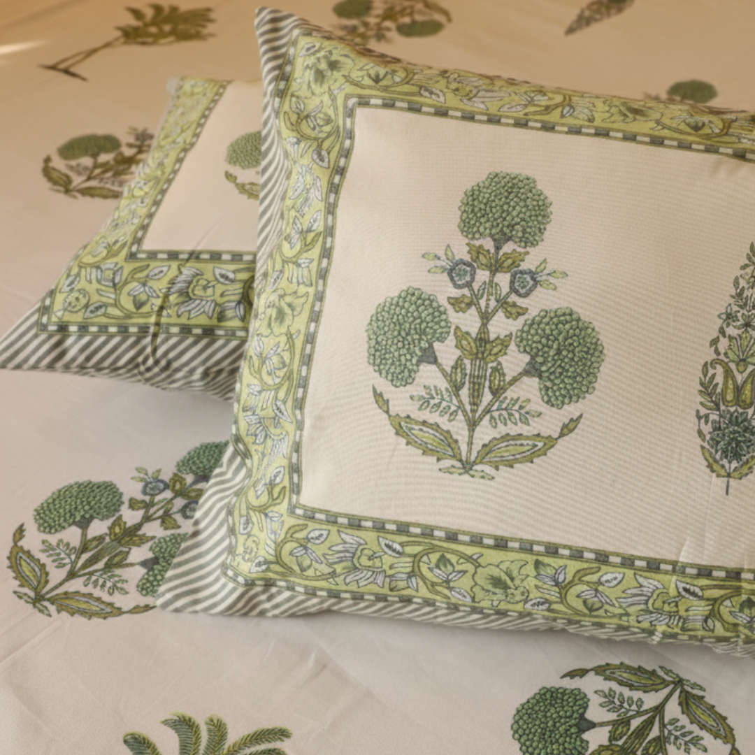 Soot Studio Green Meadow Hand block Print Cotton Bedsheet with 2 Pillow Covers 210 TC Size 90x108