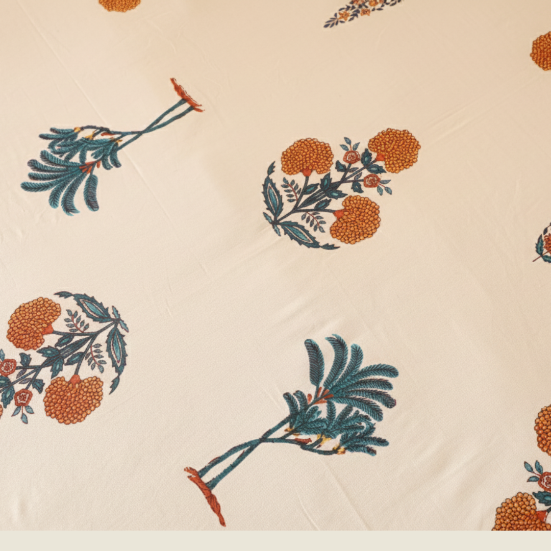 Soot Studio Orange Meadow Hand block Print Cotton Bedsheet with 2 Pillow Covers 210 TC Size 90x108