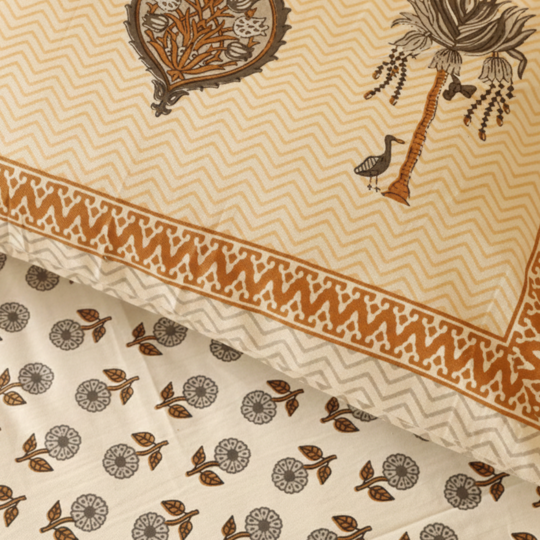 Soot Studio Floral Rhythm Handblock Print Cotton Bedsheet with 2 Pillow Covers 90x108