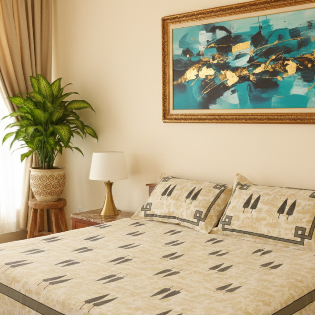 Soot Studio Char Bagh Hand block Print Cotton Bedsheet with 2 Pillow Covers 210 TC Size 100x108