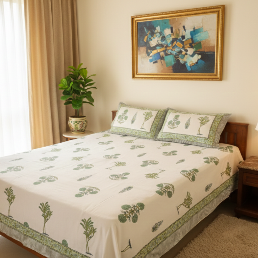 Soot Studio Green Meadow Hand block Print Cotton Bedsheet with 2 Pillow Covers 210 TC Size 90x108