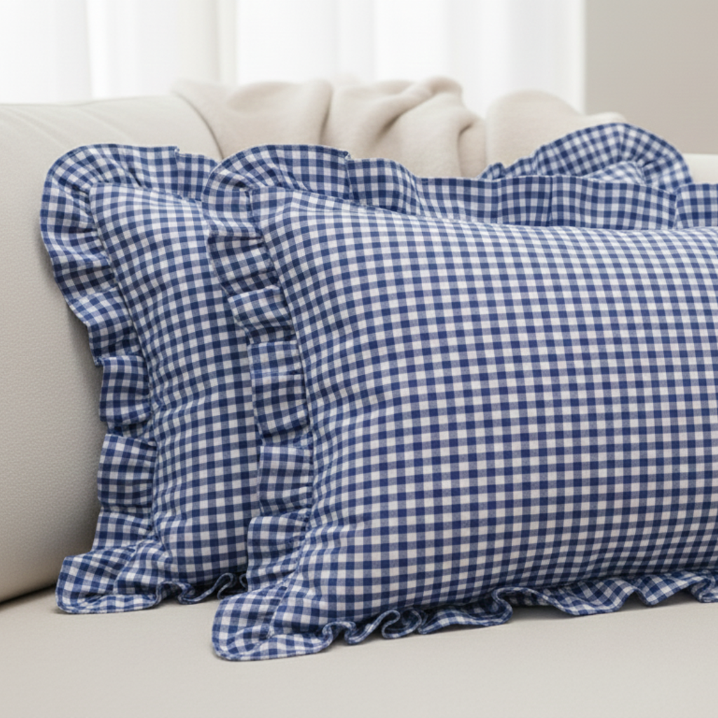 Soot Studio Cotton Blend Blue Checked Pillow Covers Pack of 2, Size 27x18 inches