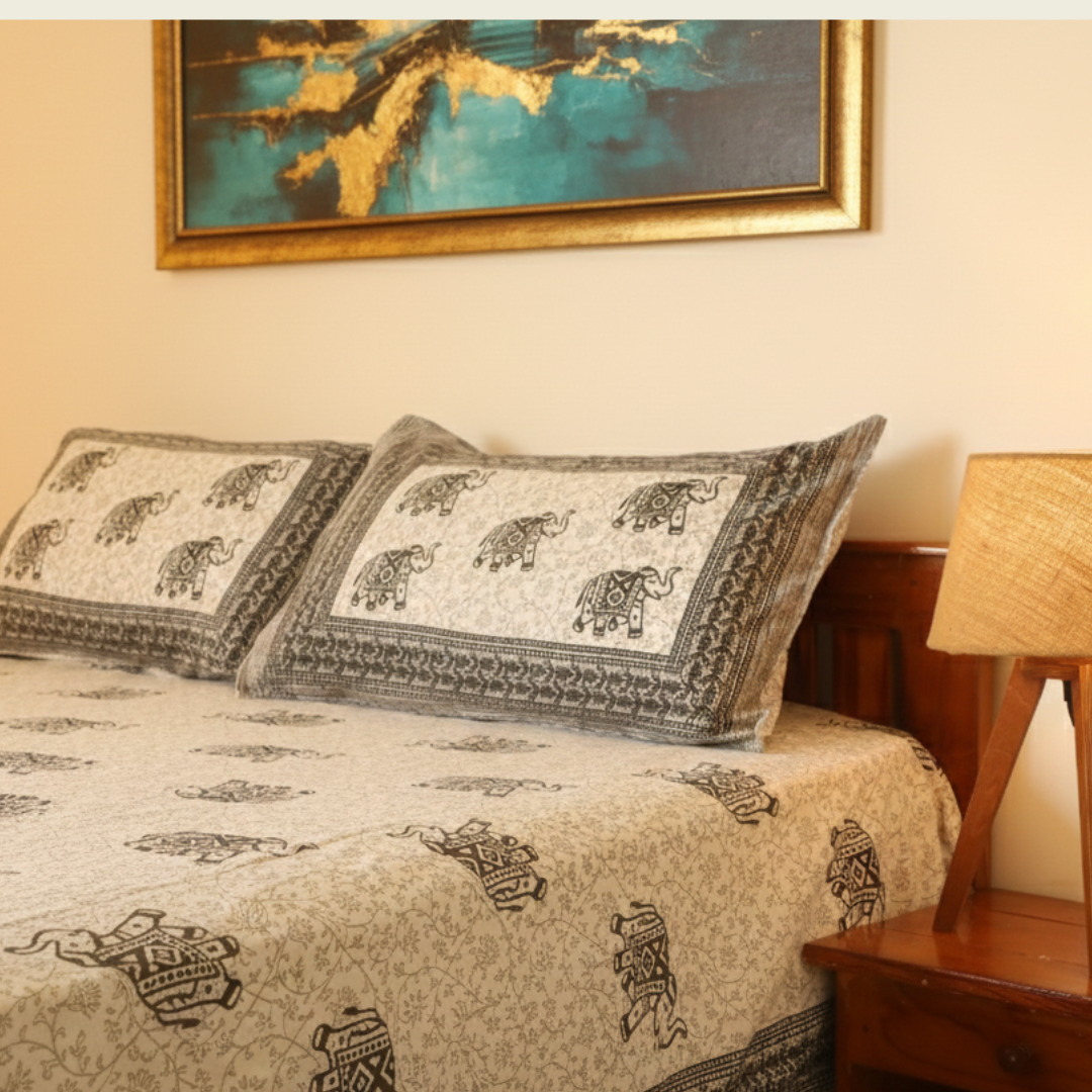 Soot Studio Gaja Hues Hand block Print Cotton Bedsheet with 2 Pillow Covers 210 TC Size 108x108