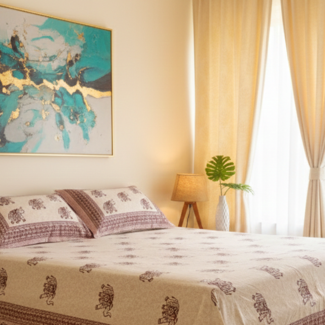 Soot Studio Gaja Hues Hand block Print Cotton Bedsheet with 2 Pillow Covers 210 TC Size 108x108