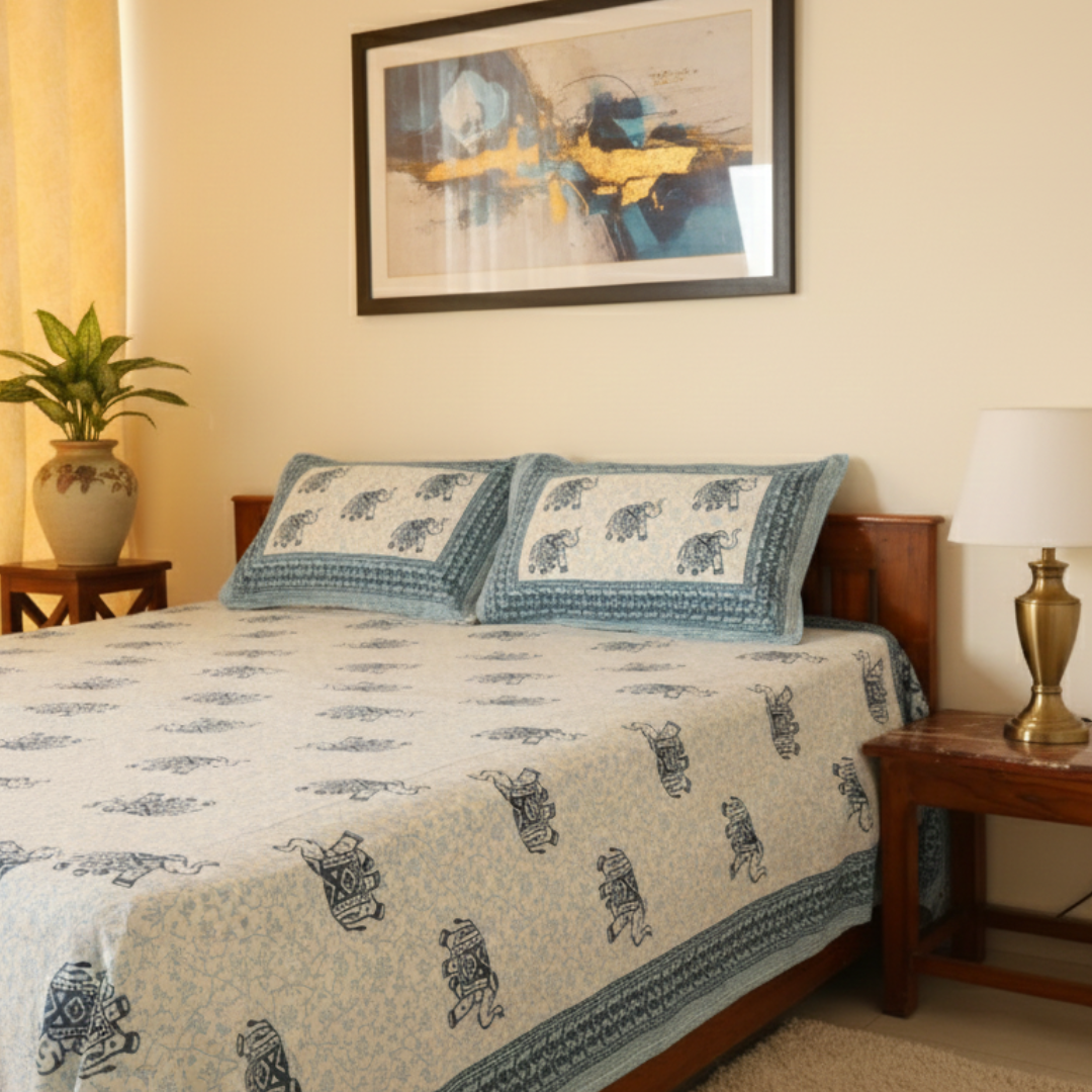 Soot Studio Gaja Hues Hand block Print Cotton Bedsheet with 2 Pillow Covers 210 TC Size 108x108