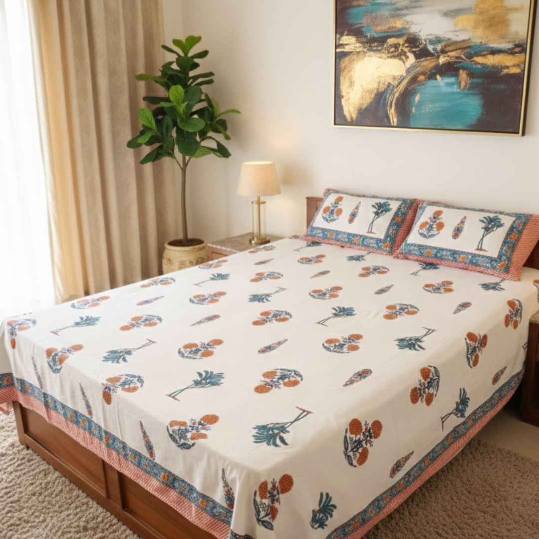 Soot Studio Orange Meadow Hand block Print Cotton Bedsheet with 2 Pillow Covers 210 TC Size 90x108