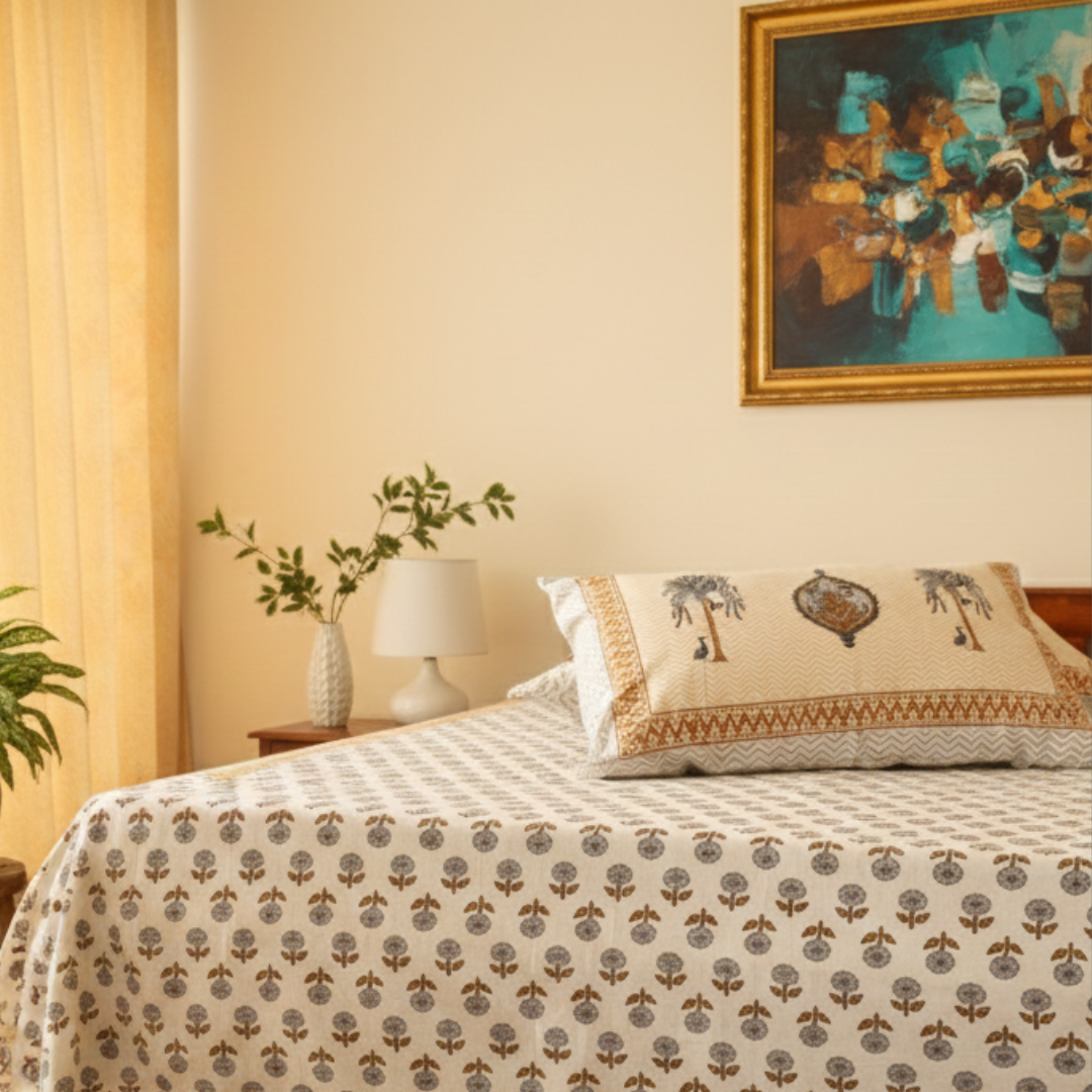 Soot Studio Floral Rhythm Handblock Print Cotton Bedsheet with 2 Pillow Covers 90x108