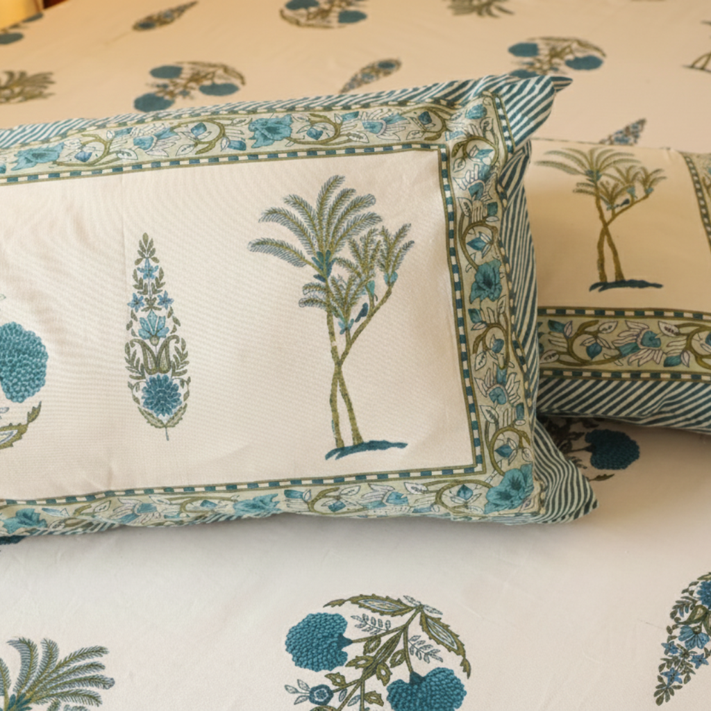 Soot Studio Blue Meadow Hand block Print Cotton Bedsheet with 2 Pillow Covers 210 TC Size 90x108