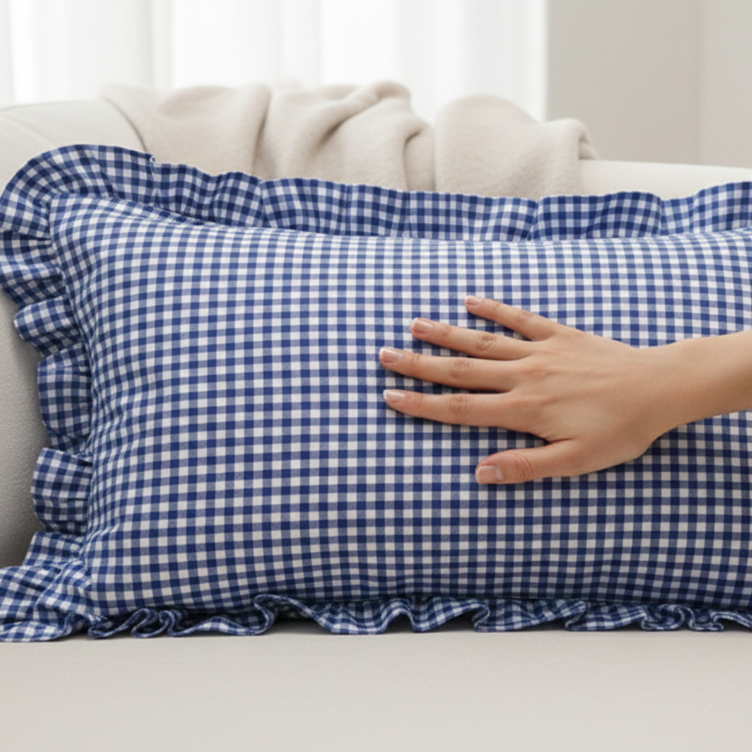 Soot Studio Cotton Blend Blue Checked Pillow Covers Pack of 2, Size 27x18 inches