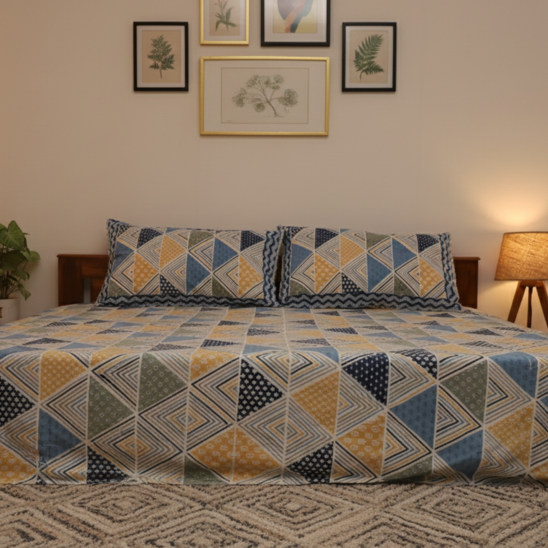 Soot Studio Navrang Angles Hand block Print Cotton Bedsheet with 2 Pillow Covers 210 TC Size 100x108