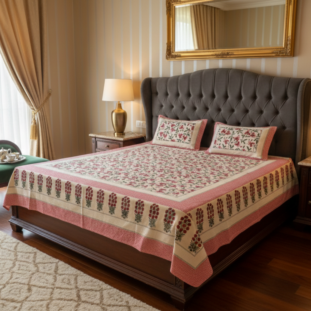Soot Studio Gul Bahar Handblock Print Cotton Bedsheet with 2 Pillow Covers 210 TC Size 100x108