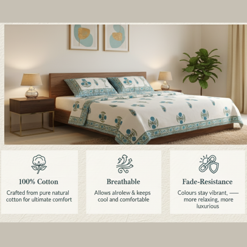 Soot Studio Blue Meadow Hand block Print Cotton Bedsheet with 2 Pillow Covers 210 TC Size 90x108