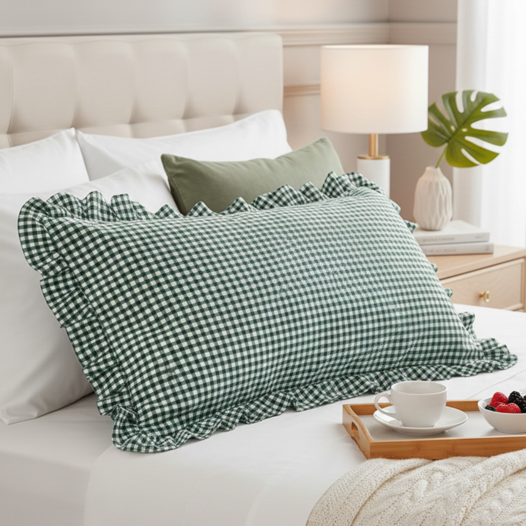 Soot Studio Cotton Blend Green Checked Pillow Covers Pack of 2, Size 27x18 inches